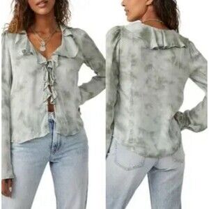 Free People Sage Green Tie Dye Ruffle Collar Tie Front Boho Top Size XL NWT